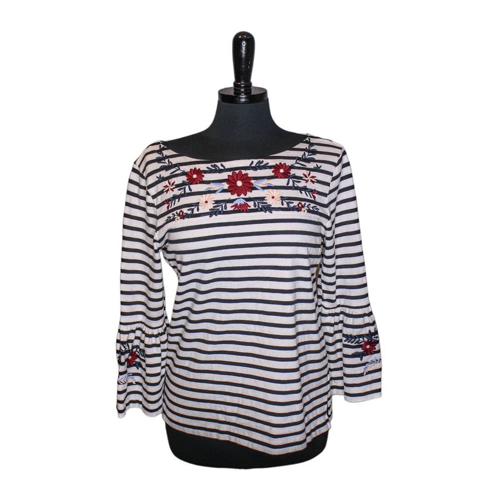 J Crew Striped Embroidered Top Floral Boat Neck Bell Sleeves 100% Cotton Size M